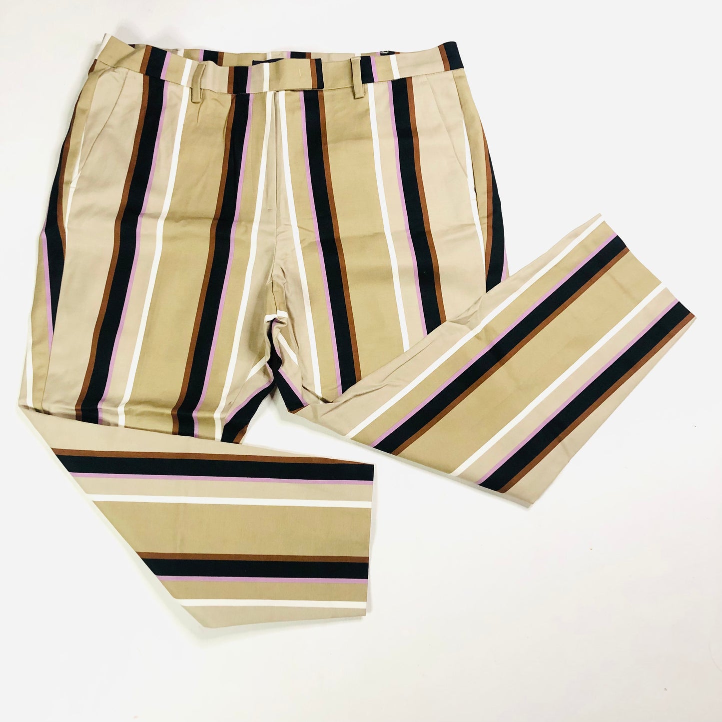 Marks and Spencer Mia Slim Beige Striped 7/8th Cropped Trousers Size 16 Short