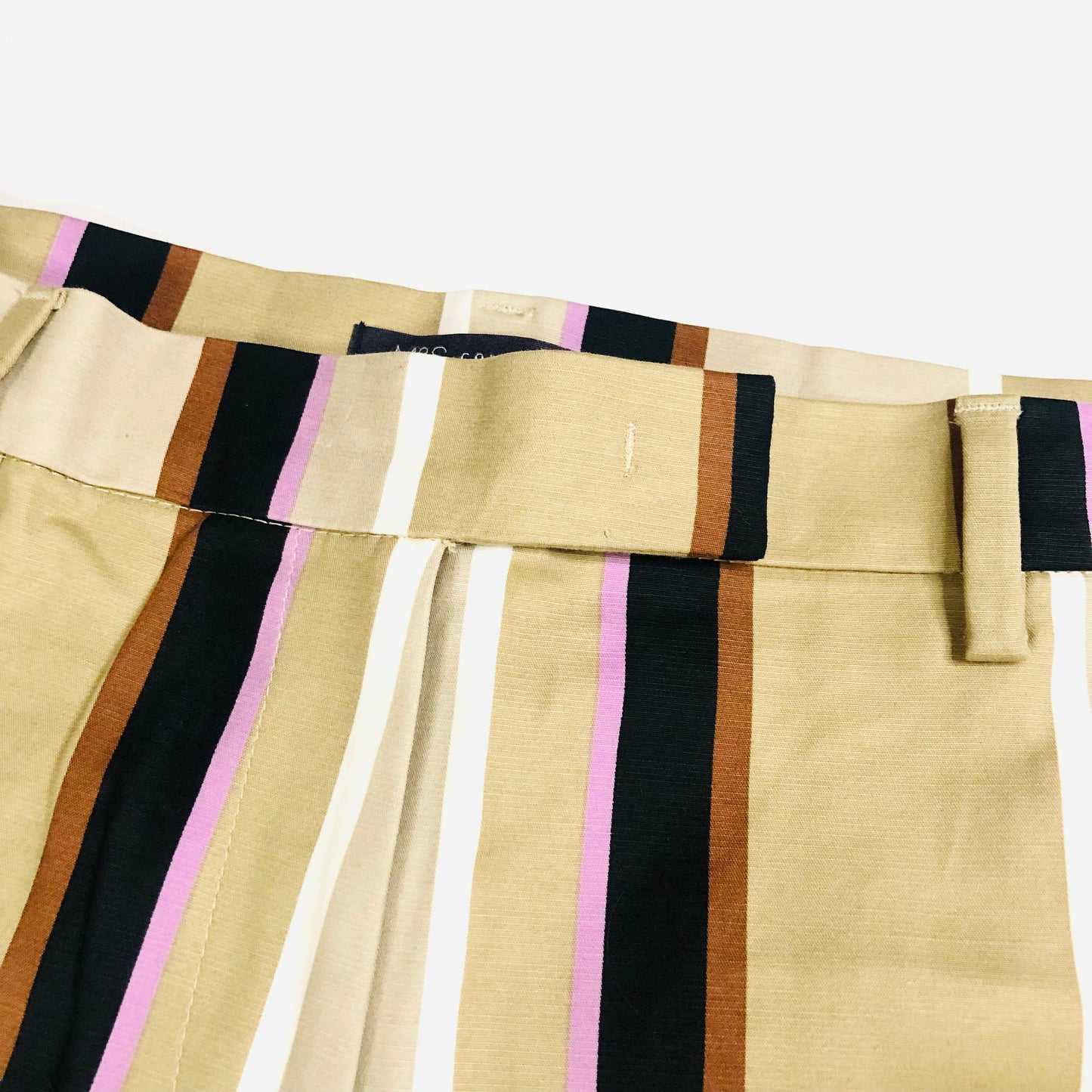 Marks and Spencer Mia Slim Beige Striped 7/8th Cropped Trousers Size 16 Short