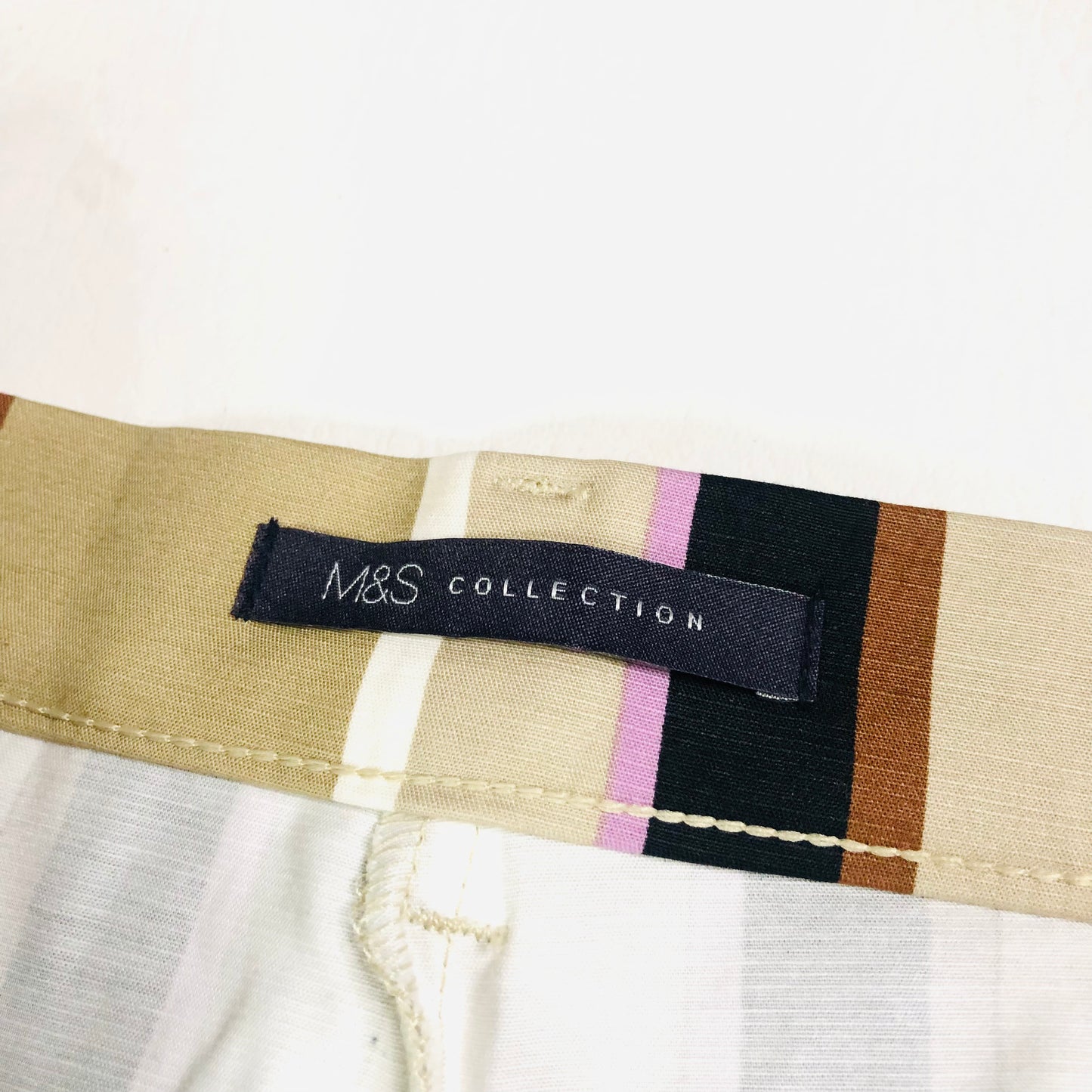 Marks and Spencer Mia Slim Beige Striped 7/8th Cropped Trousers Size 16 Short