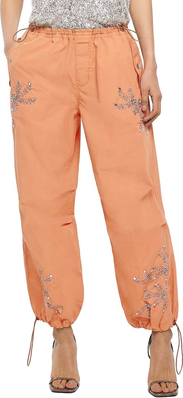 In Other Words (River Island) Pale Orange Floral Beaded Baggy Cargo Utility Parachute Pants Size 10