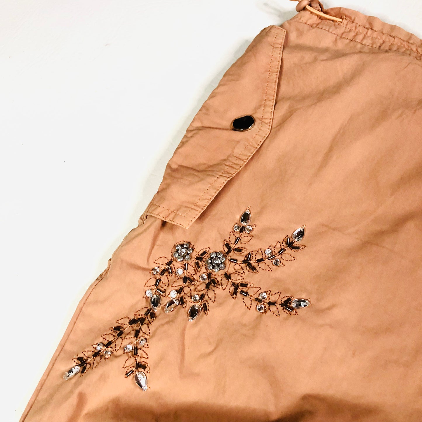 In Other Words (River Island) Pale Orange Floral Beaded Baggy Cargo Utility Parachute Pants Size 10