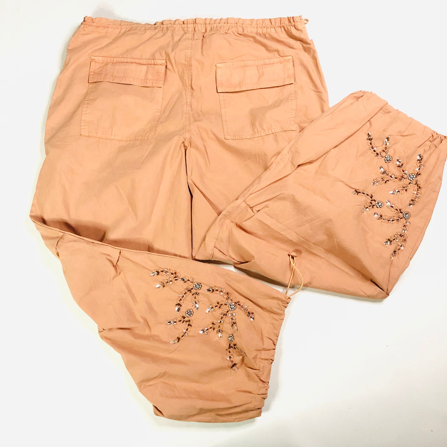 In Other Words (River Island) Pale Orange Floral Beaded Baggy Cargo Utility Parachute Pants Size 10