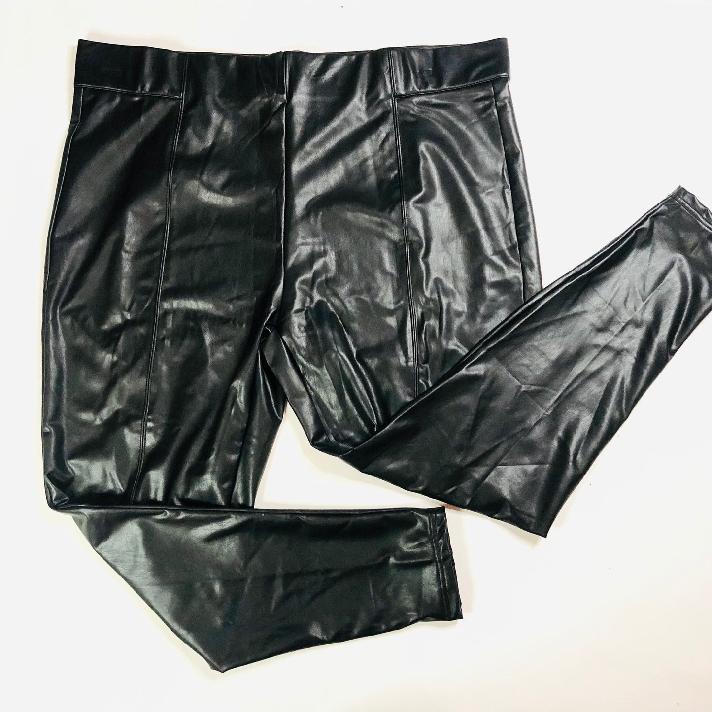 M&S Collection Black Faux Leather High Waisted Leggings Trousers Size 24 Long