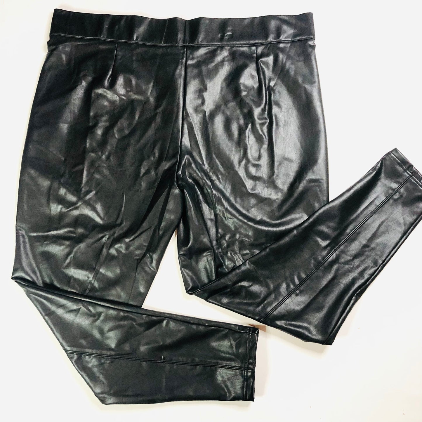 M&S Collection Black Faux Leather High Waisted Leggings Trousers Size 24 Long