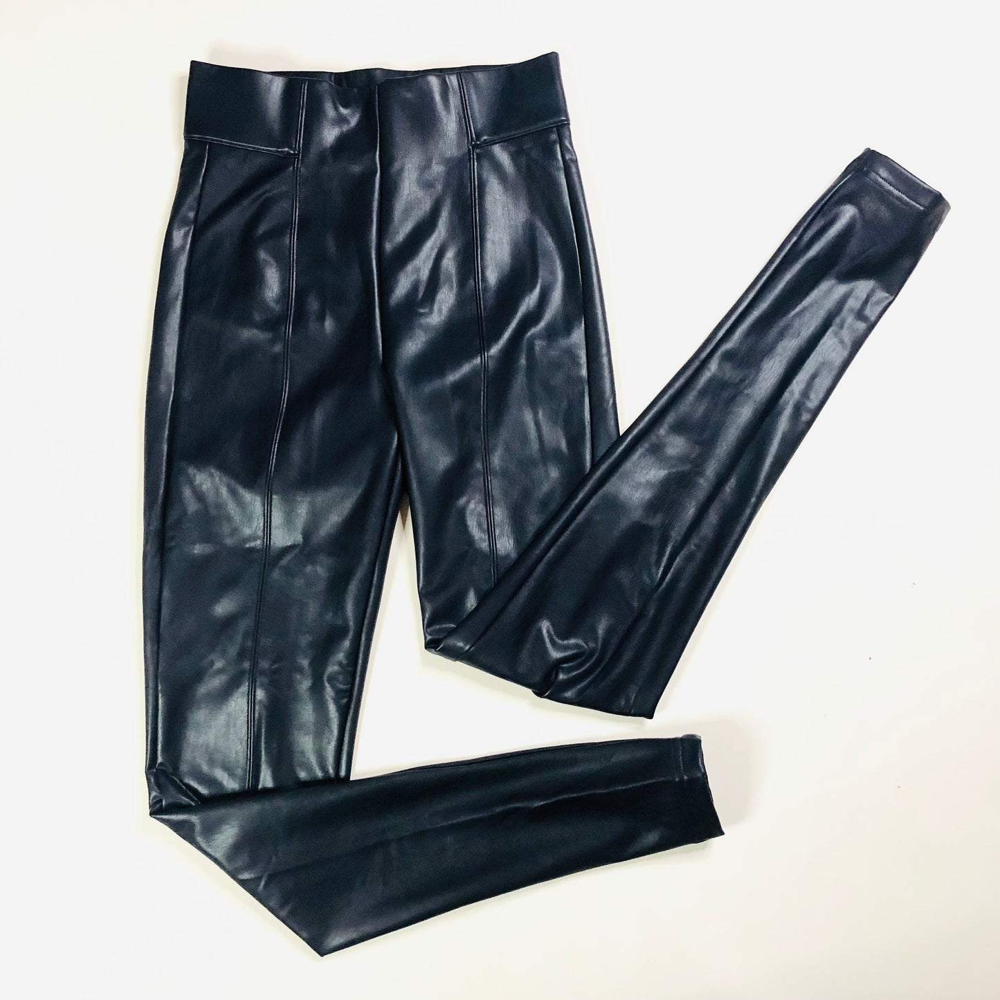 M&S Collection Navy Faux Leather High Waisted Leggings Trousers Size 6 Long NEW