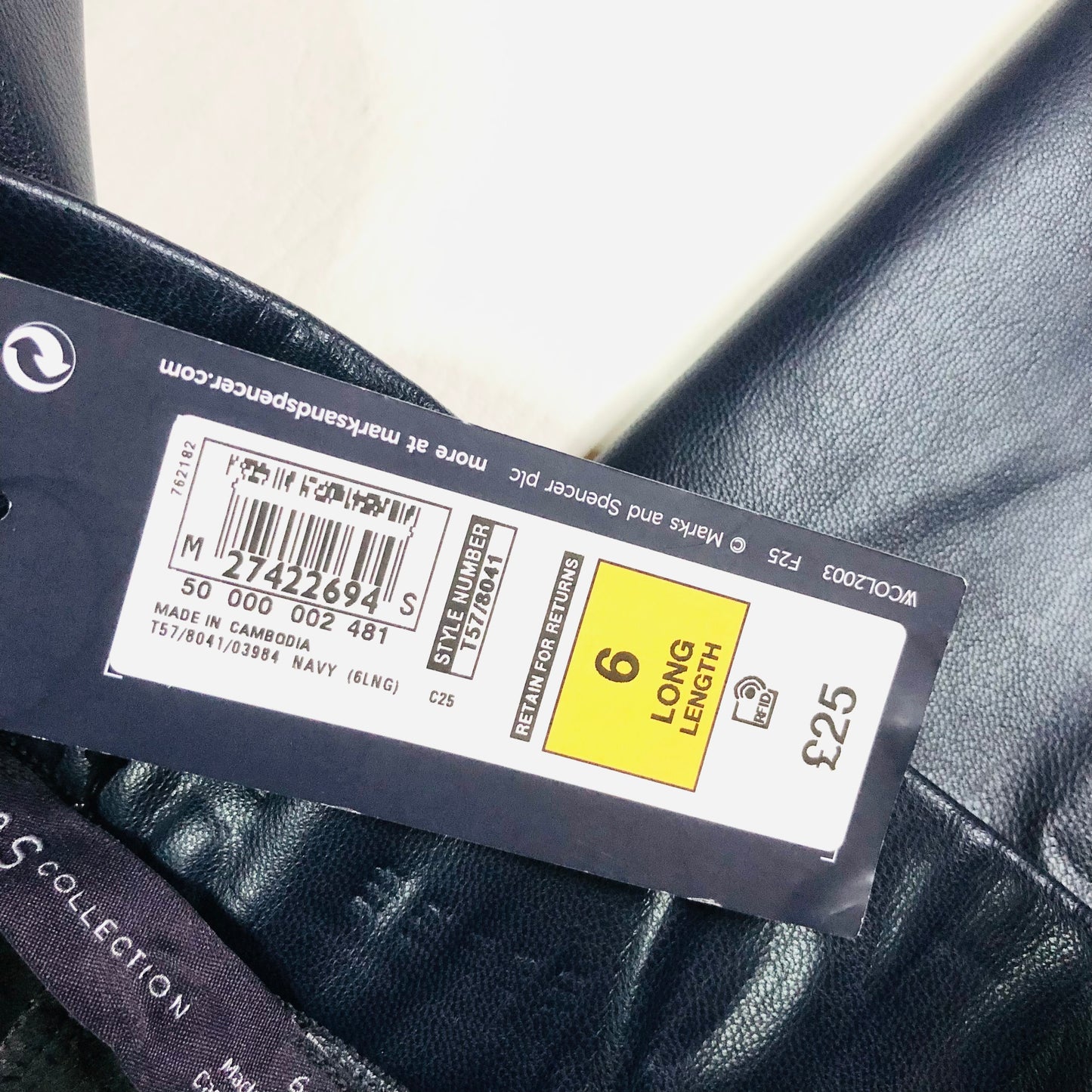 M&S Collection Navy Faux Leather High Waisted Leggings Trousers Size 6 Long NEW