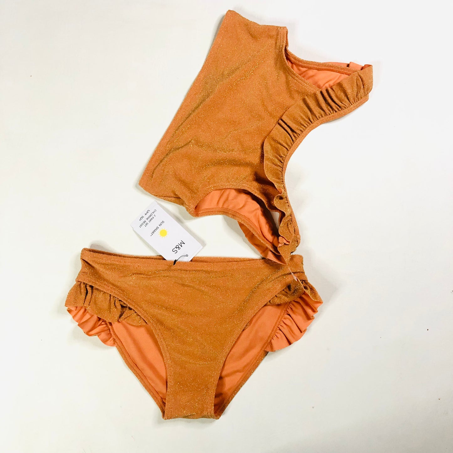 M&S Girls Orange Sparkle Frill Ruffle Bikini Swimwear 2 Piece Age 11-12 Years NEW