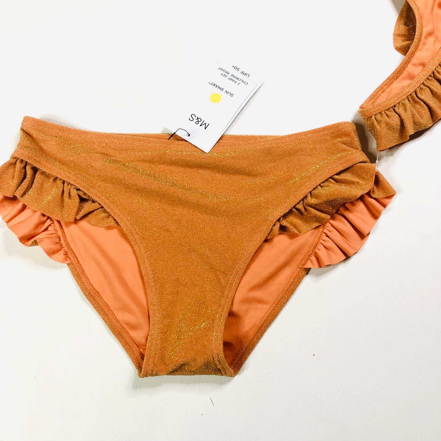 M&S Girls Orange Sparkle Frill Ruffle Bikini Swimwear 2 Piece Age 11-12 Years NEW