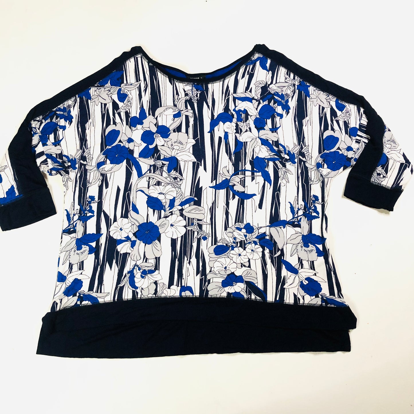 Roman Blue Floral Print Batwing Sleeve Stretch Jersey Top Size 18