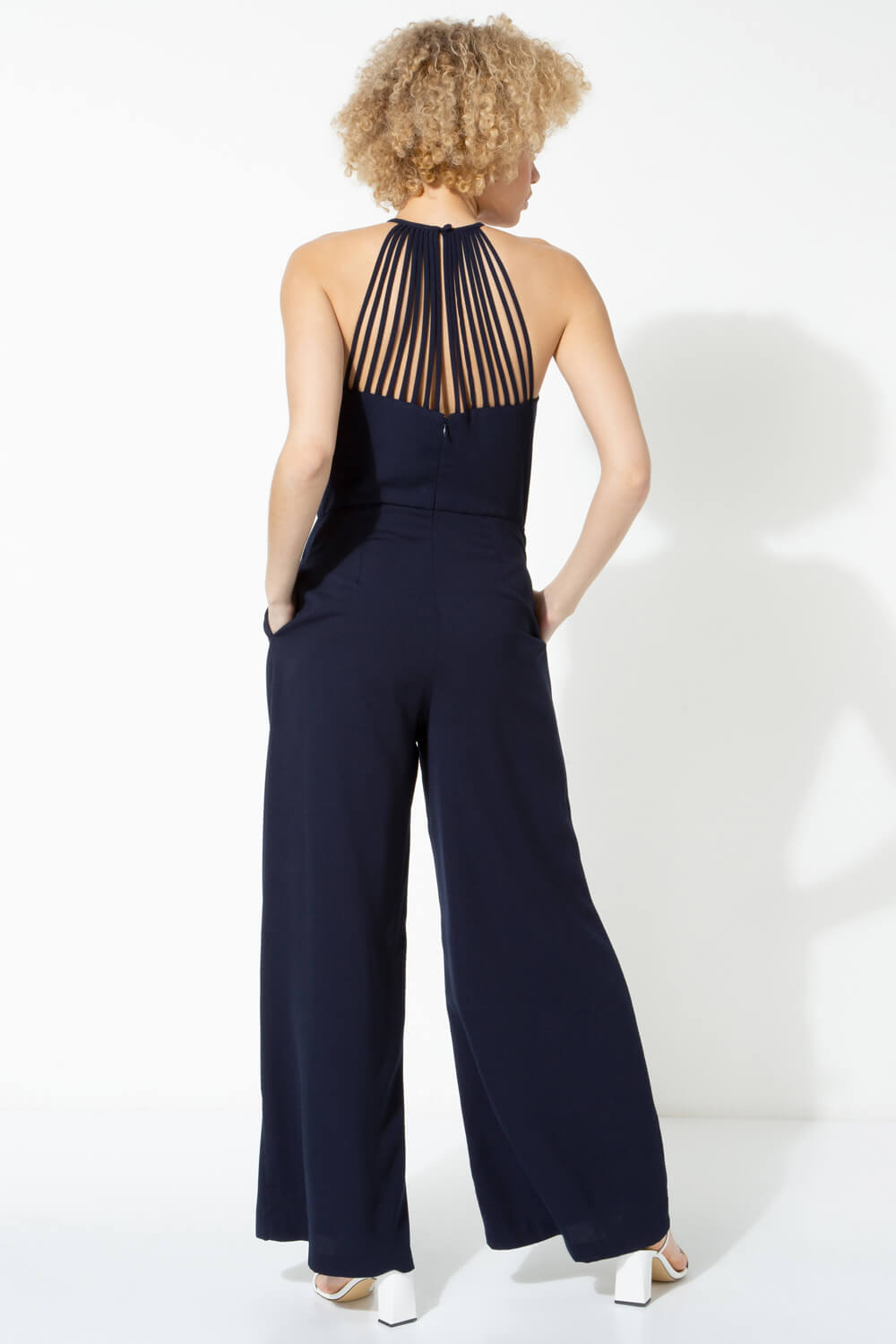 Roman | Navy Blue | Wide Leg Halterneck Back Detail Jumpsuit | Size 12 | 70s Revival