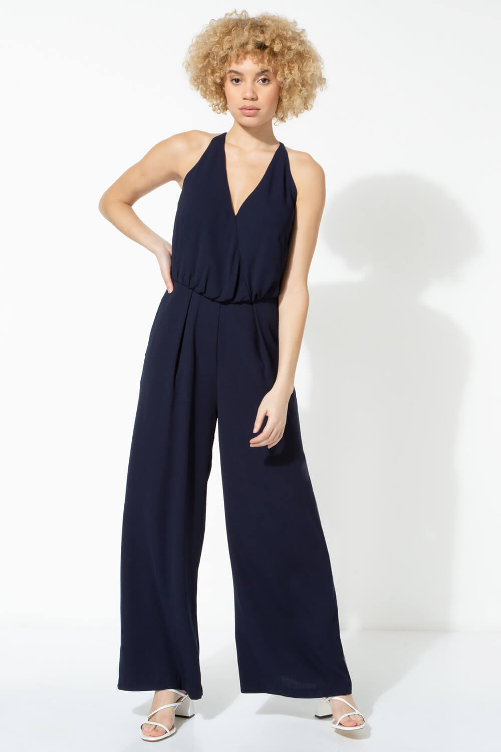 Roman | Navy Blue | Wide Leg Halterneck Back Detail Jumpsuit | Size 12 | 70s Revival