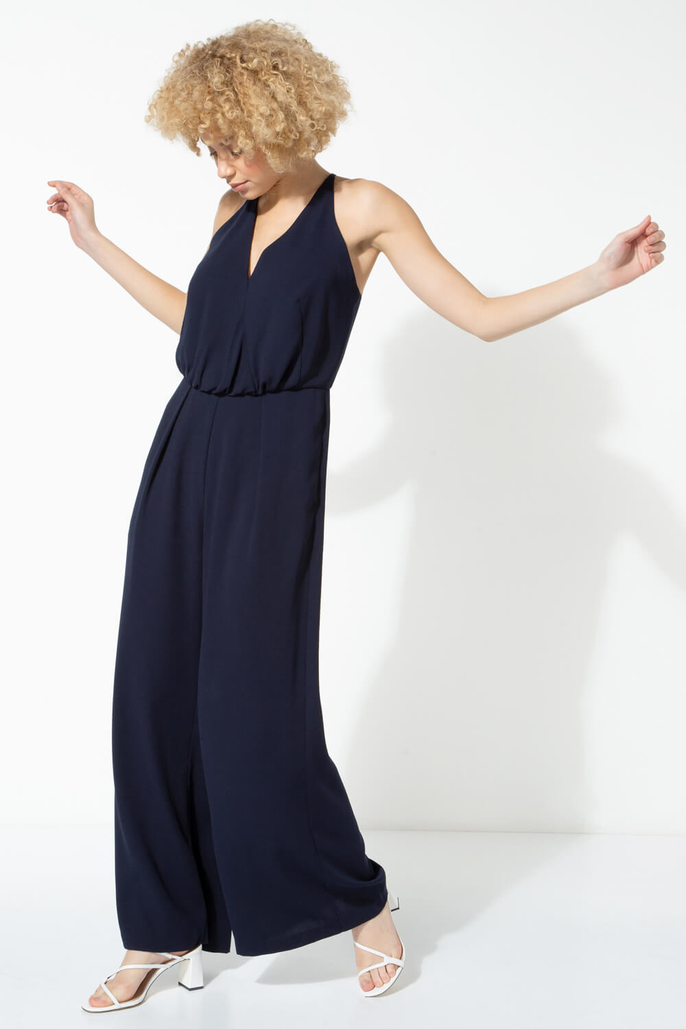 Roman | Navy Blue | Wide Leg Halterneck Back Detail Jumpsuit | Size 12 | 70s Revival