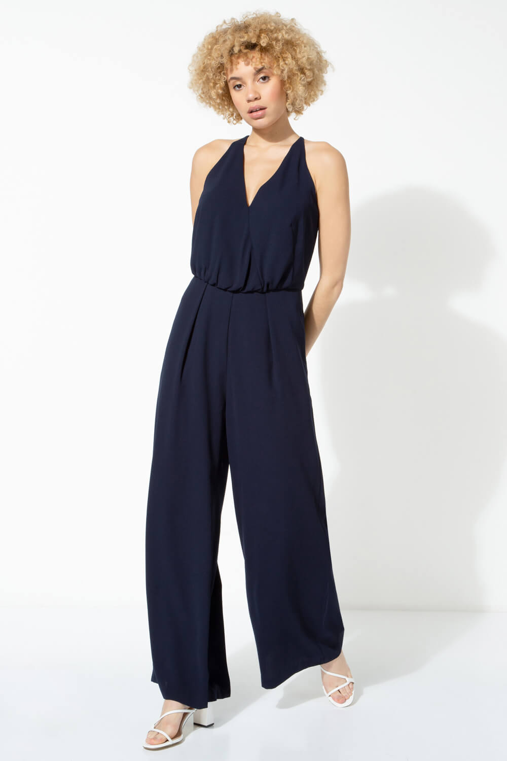 Roman | Navy Blue | Wide Leg Halterneck Back Detail Jumpsuit | Size 12 | 70s Revival