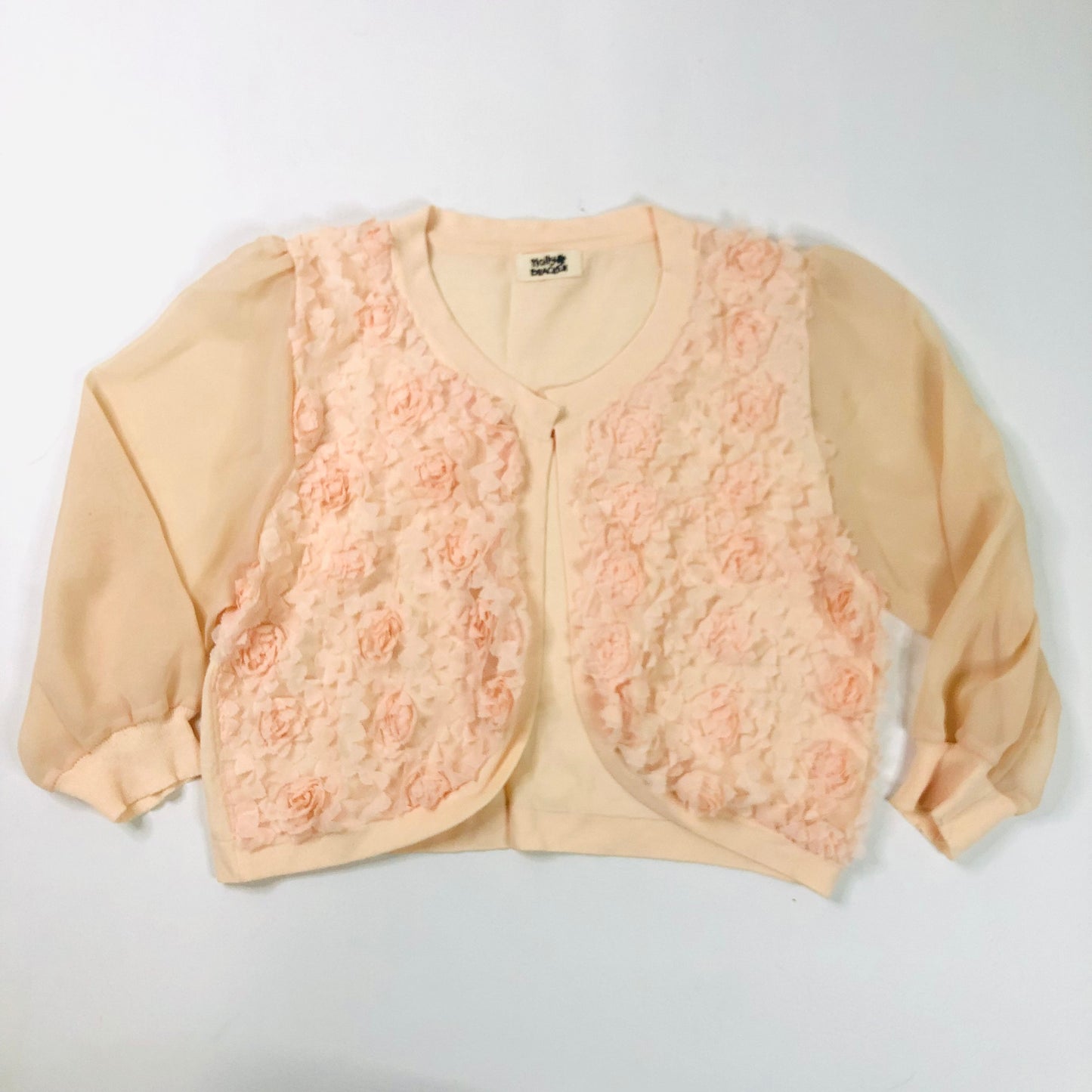 Molly Bracken Designer Peach Chiffon Floral Applique Bolero Cardigan Size 8/10