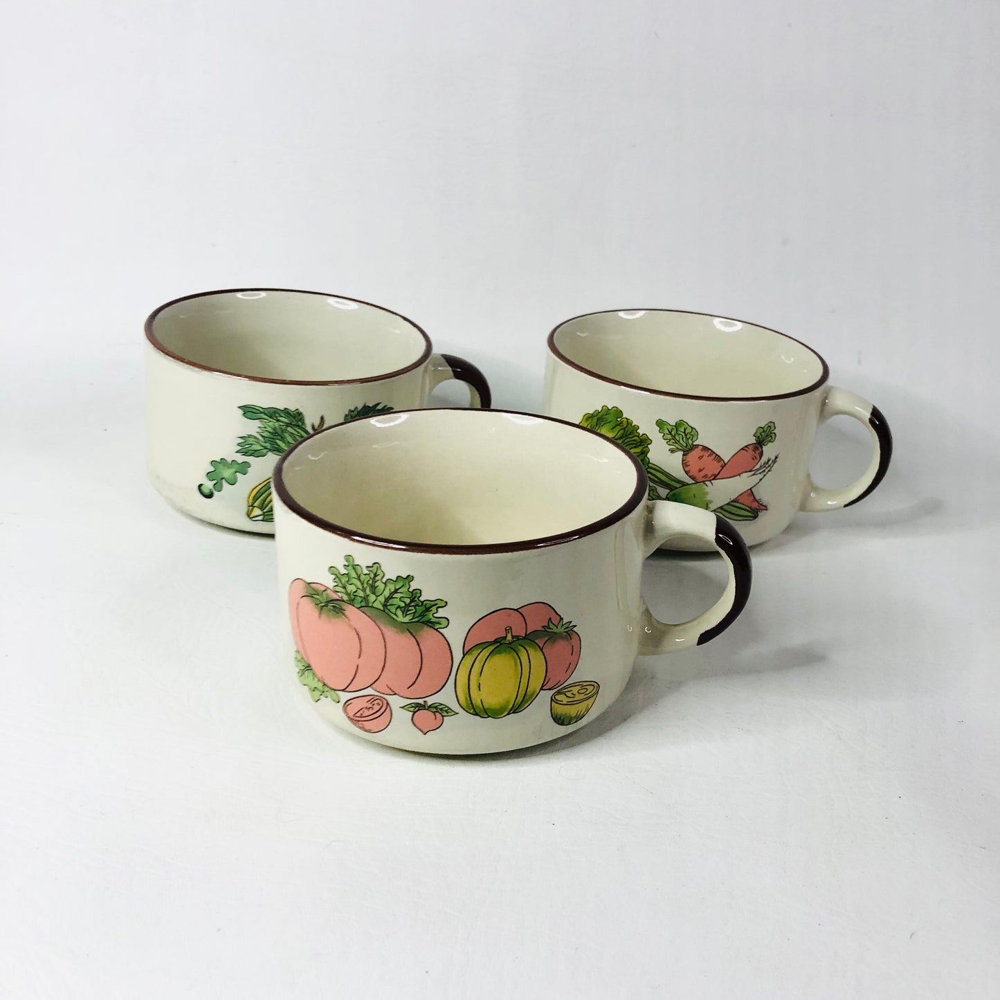 Set of 3 Retro 1970s Soup Cups Bowls Garden Vegetable Motif Brown Trim Esso/Shell Promotion
