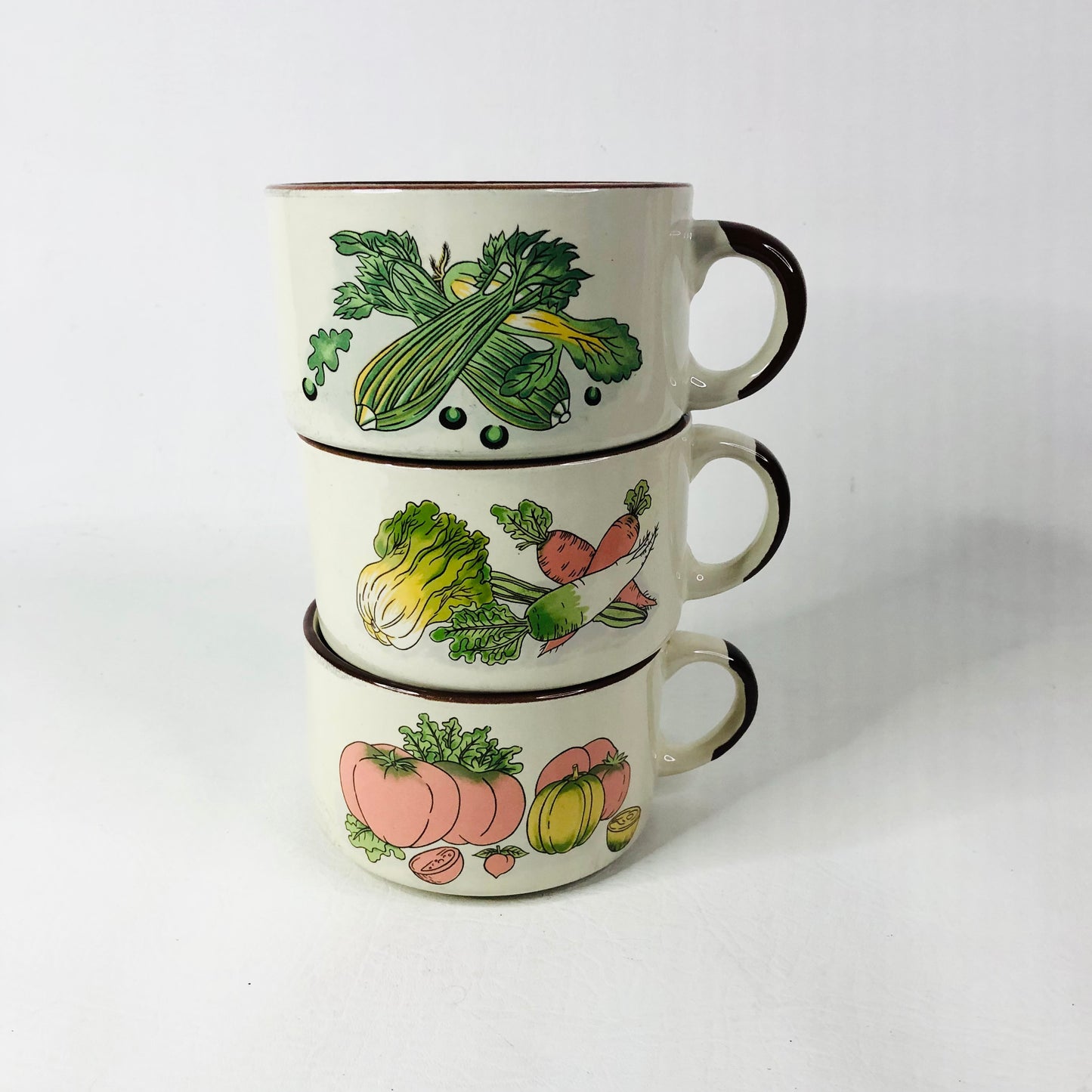 Set of 3 Retro 1970s Soup Cups Bowls Garden Vegetable Motif Brown Trim Esso/Shell Promotion