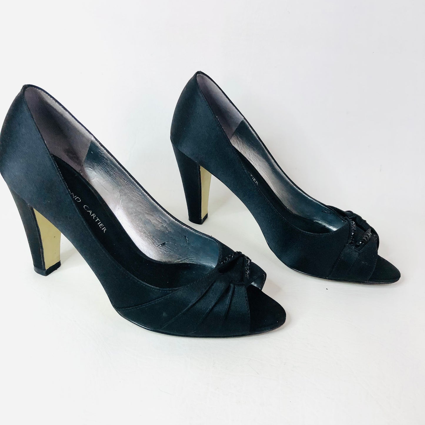 Roland Cartier Black Satin Leather Peep Toe Gem Heels Eveningwear Size 5 (US 7)