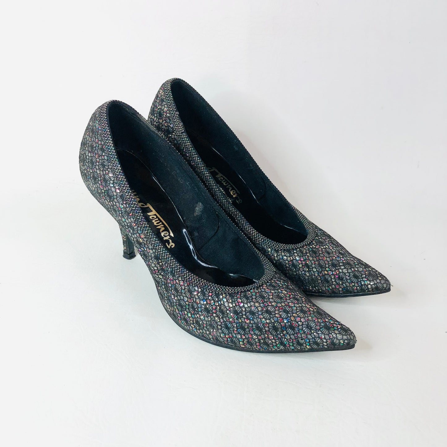 Round Towners By Stead & Simpson Grey Lace & Glitter Vintage Court Shoes Size 4