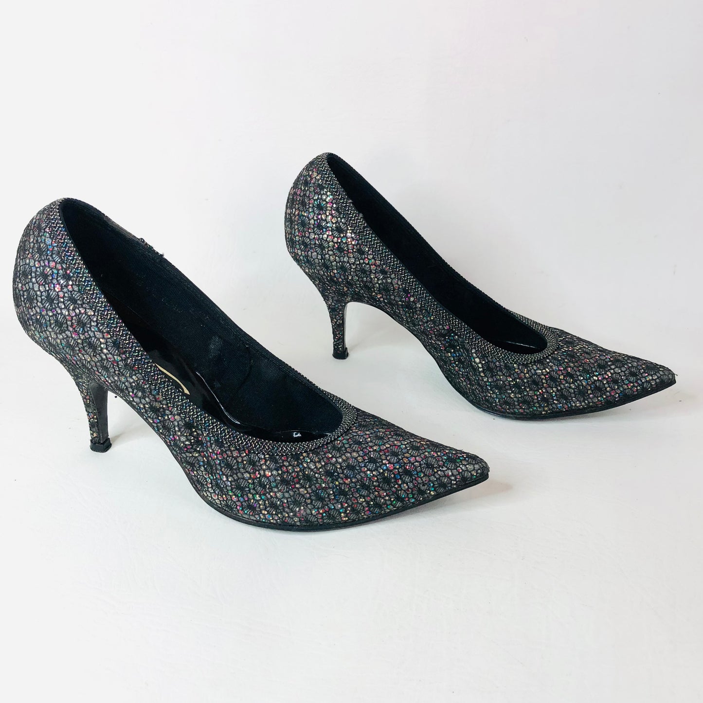 Round Towners By Stead & Simpson Grey Lace & Glitter Vintage Court Shoes Size 4