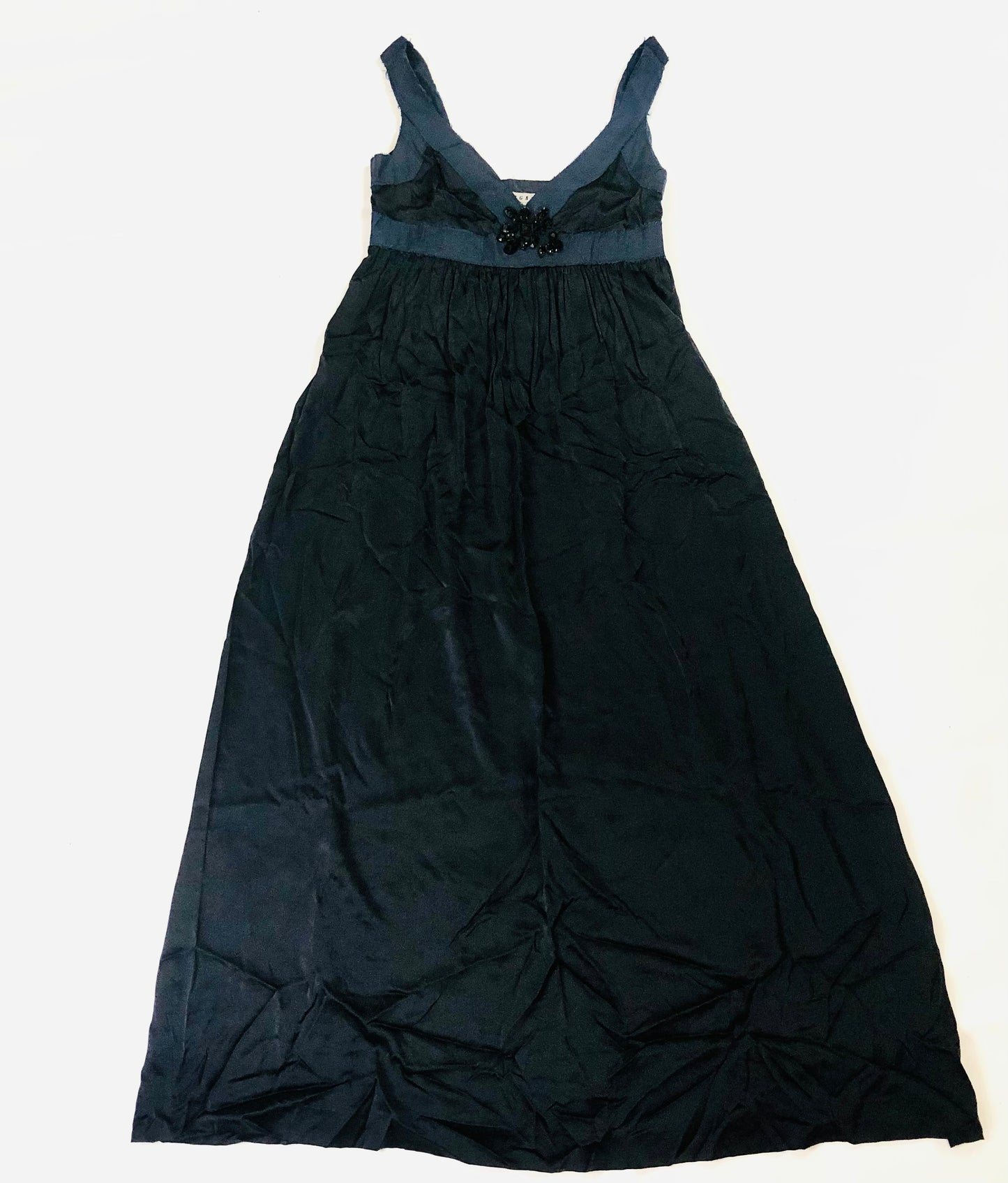 Jigsaw Navy Blue Silk Lightweight Maxi Evening Dress Sleeveless With Gems Size 12