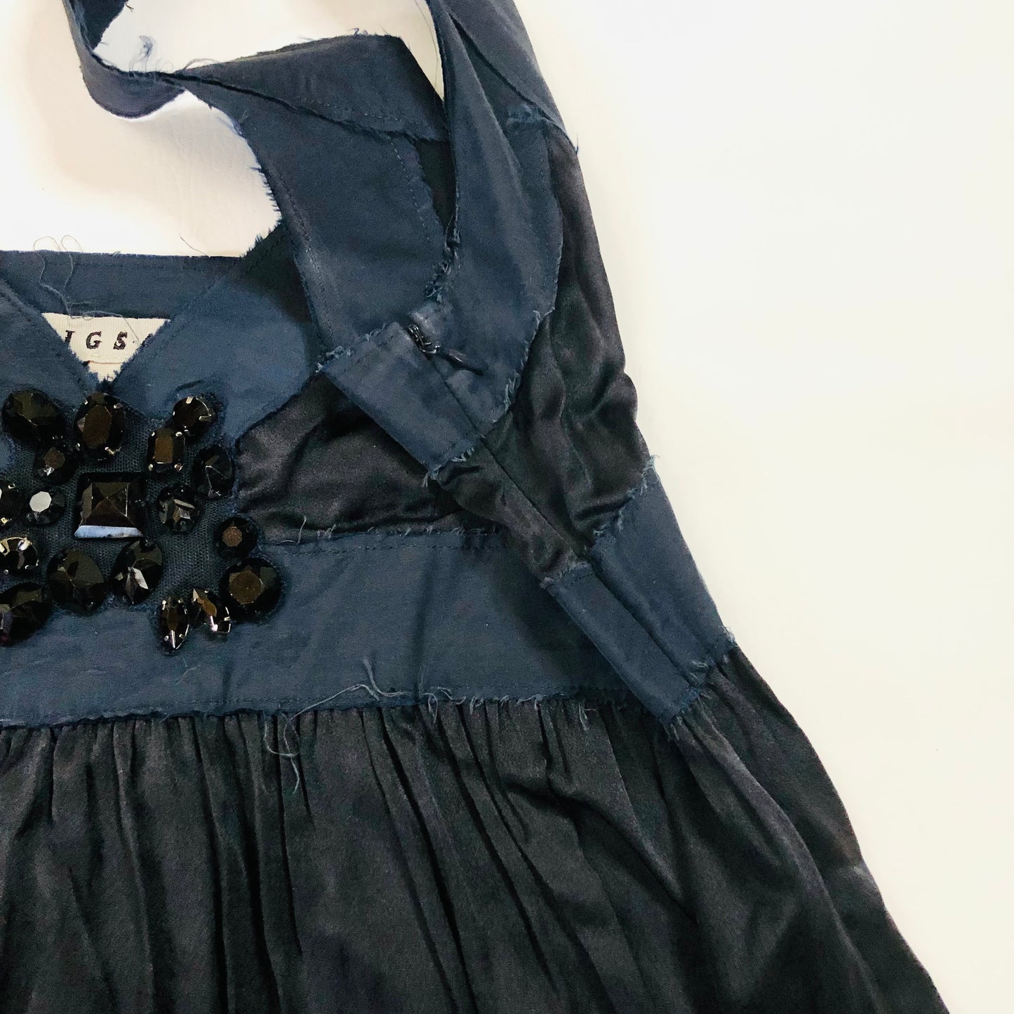 Jigsaw Navy Blue Silk Lightweight Maxi Evening Dress Sleeveless With Gems Size 12