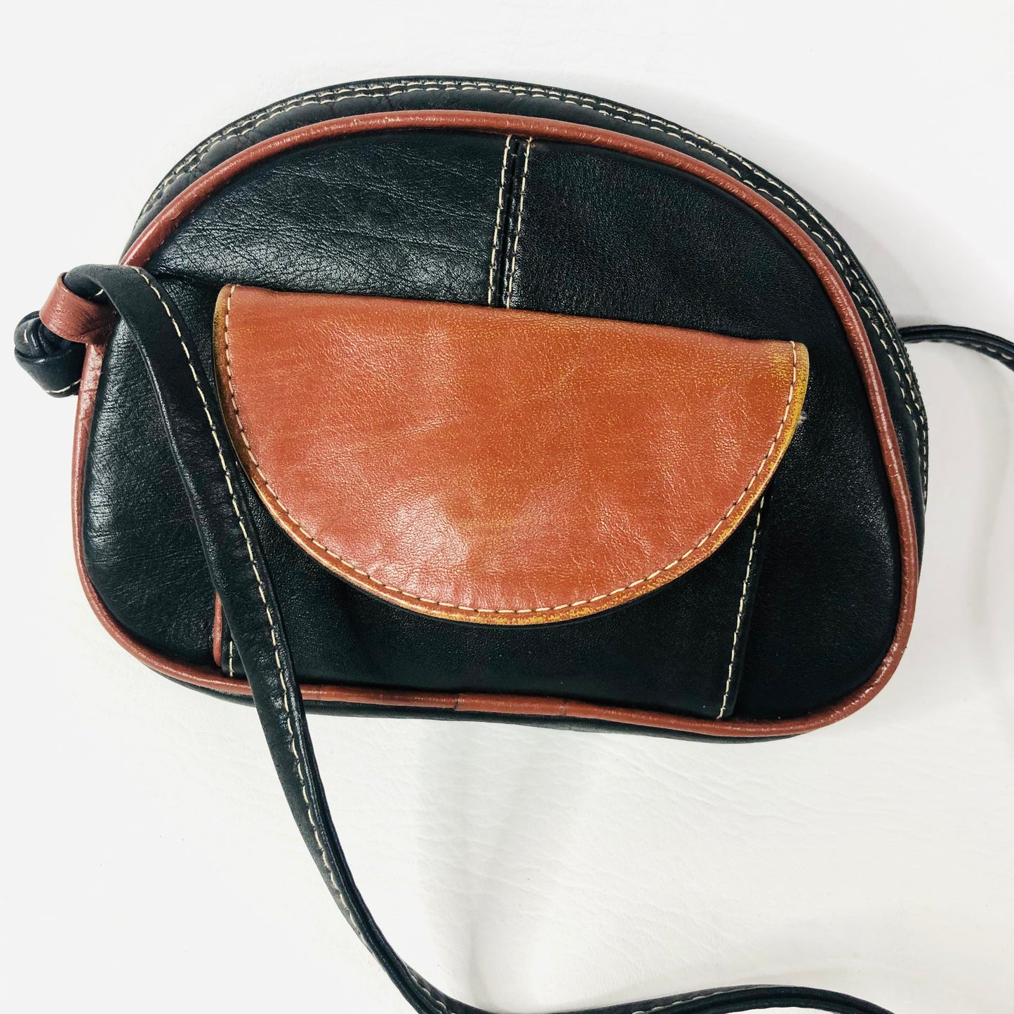 Vintage 1980s Black & Tan Leather Small Crossbody Mini Bag 17x11x5cm