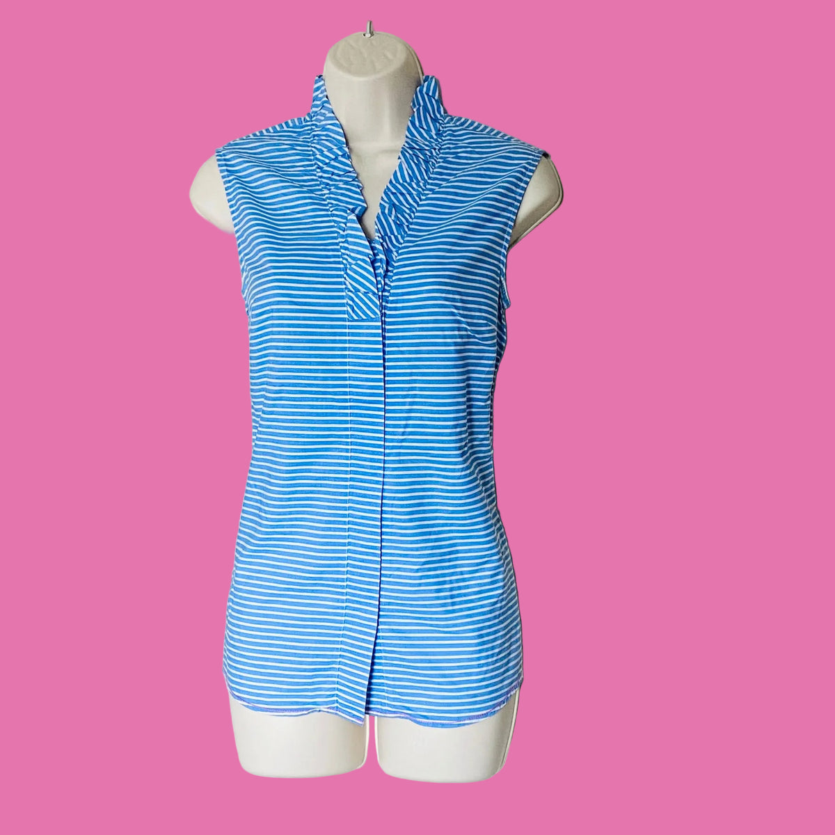 Antoni & Alison | Blue & White | Striped | Sleeveless Ruffle Shirt | Old Money | Nautical | Y2K | Size Small (UK 10)
