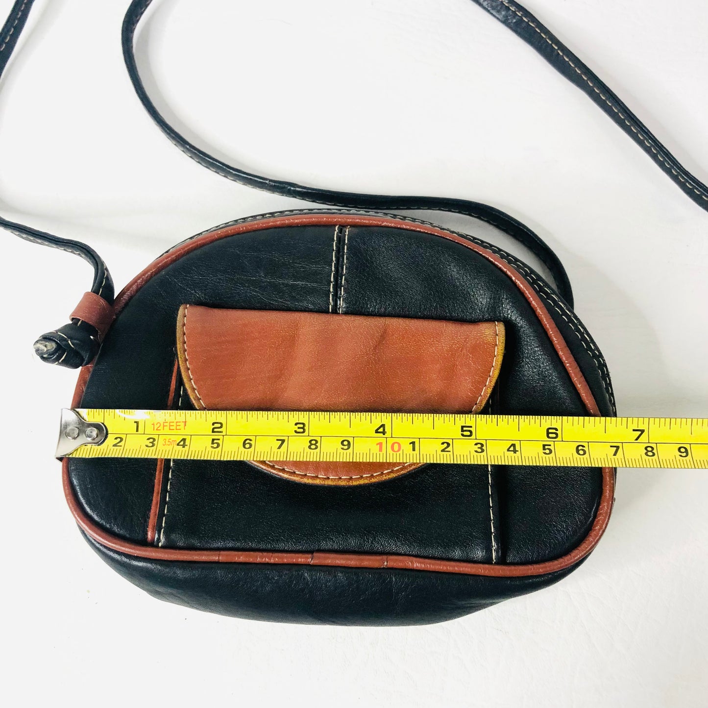 Vintage 1980s Black & Tan Leather Small Crossbody Mini Bag 17x11x5cm