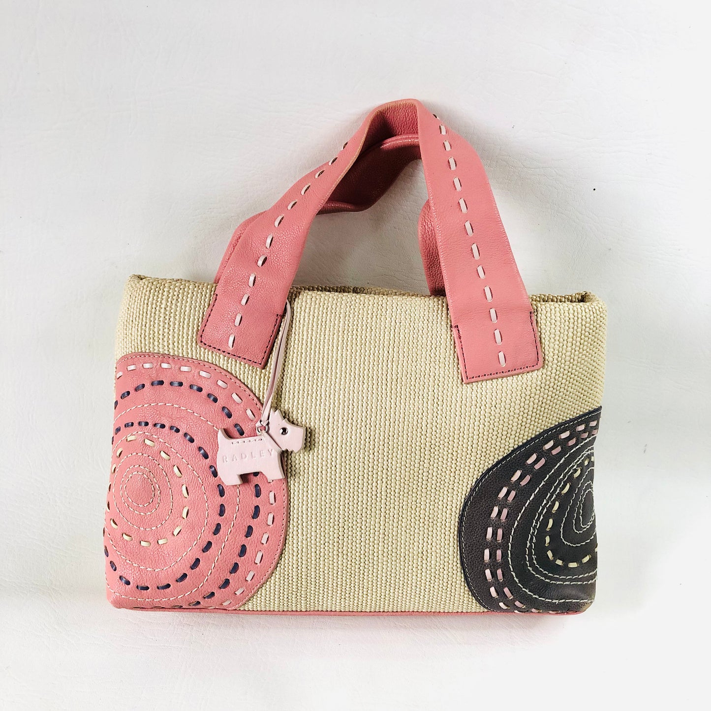 Radley Leather Woven Fabric Pink Embroidered Circle Pattern Handbag Dog Charm