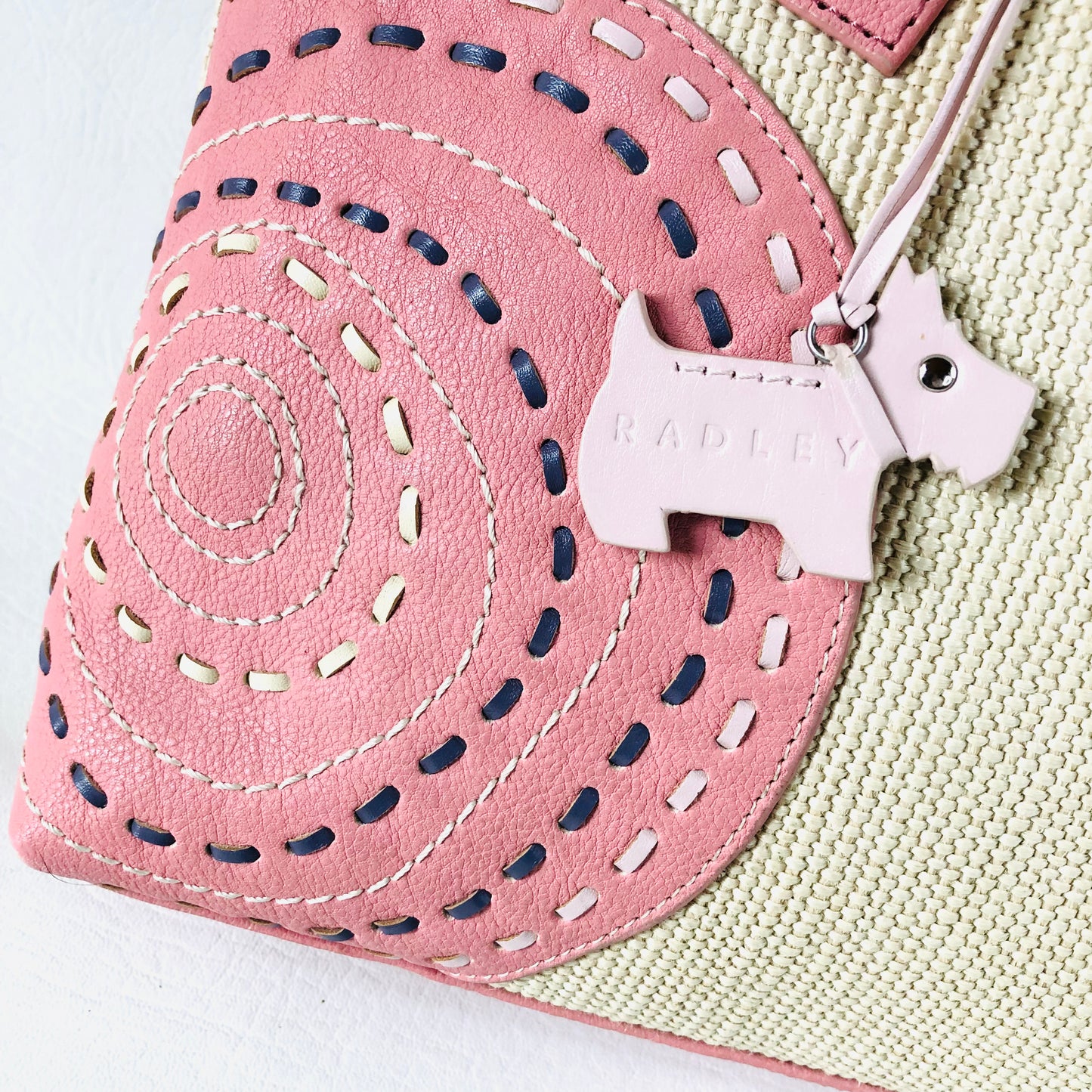 Radley Leather Woven Fabric Pink Embroidered Circle Pattern Handbag Dog Charm