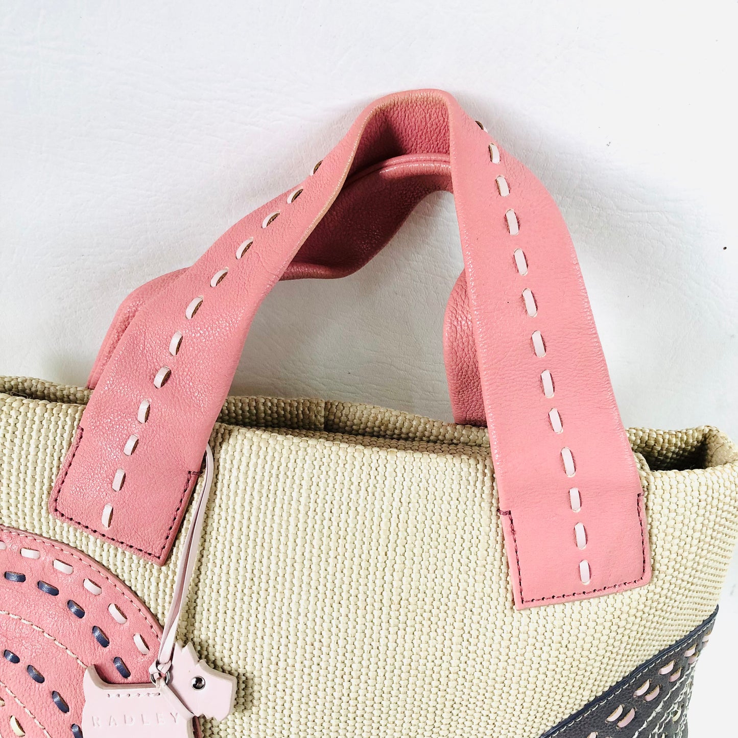 Radley Leather Woven Fabric Pink Embroidered Circle Pattern Handbag Dog Charm