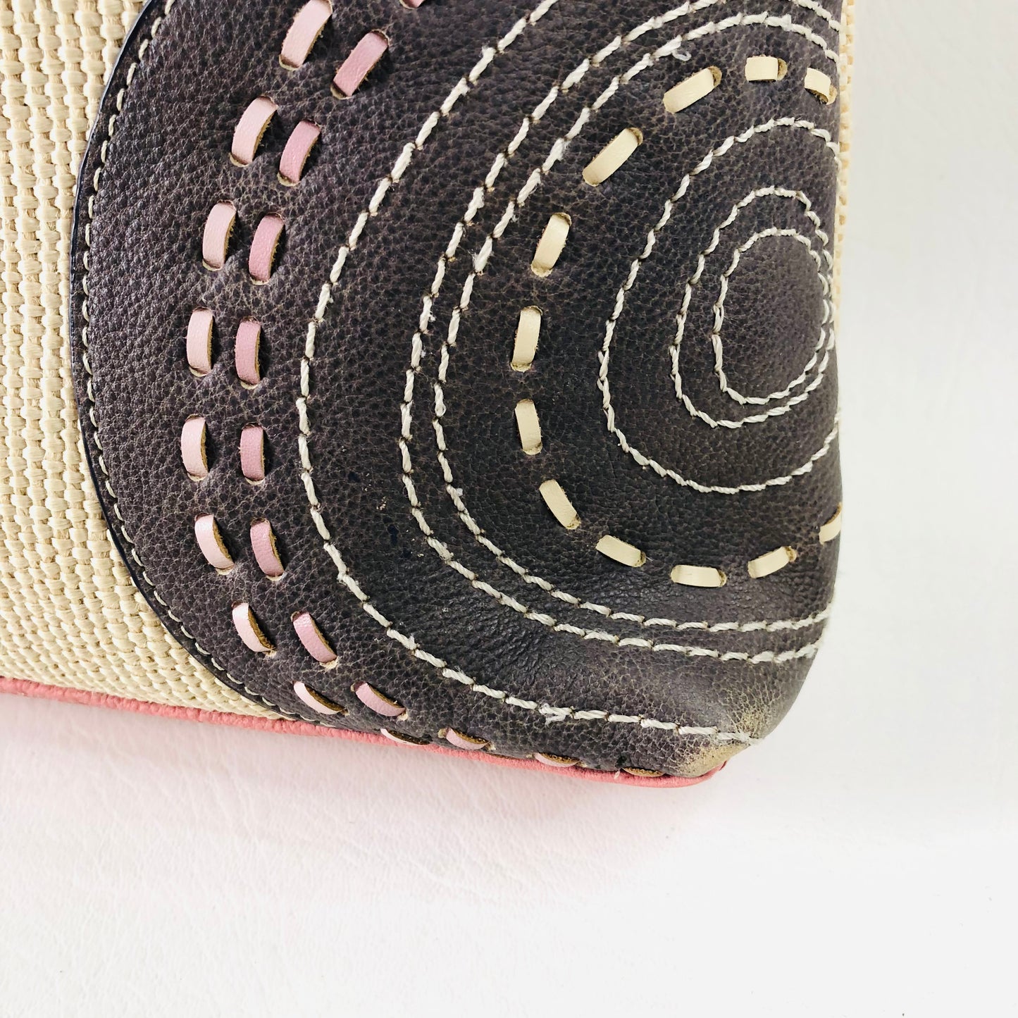 Radley Leather Woven Fabric Pink Embroidered Circle Pattern Handbag Dog Charm