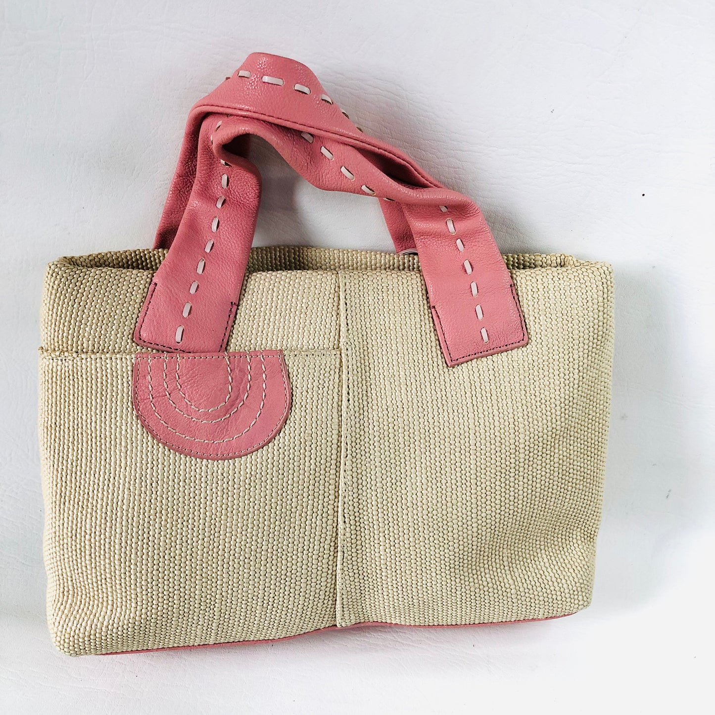 Radley Leather Woven Fabric Pink Embroidered Circle Pattern Handbag Dog Charm