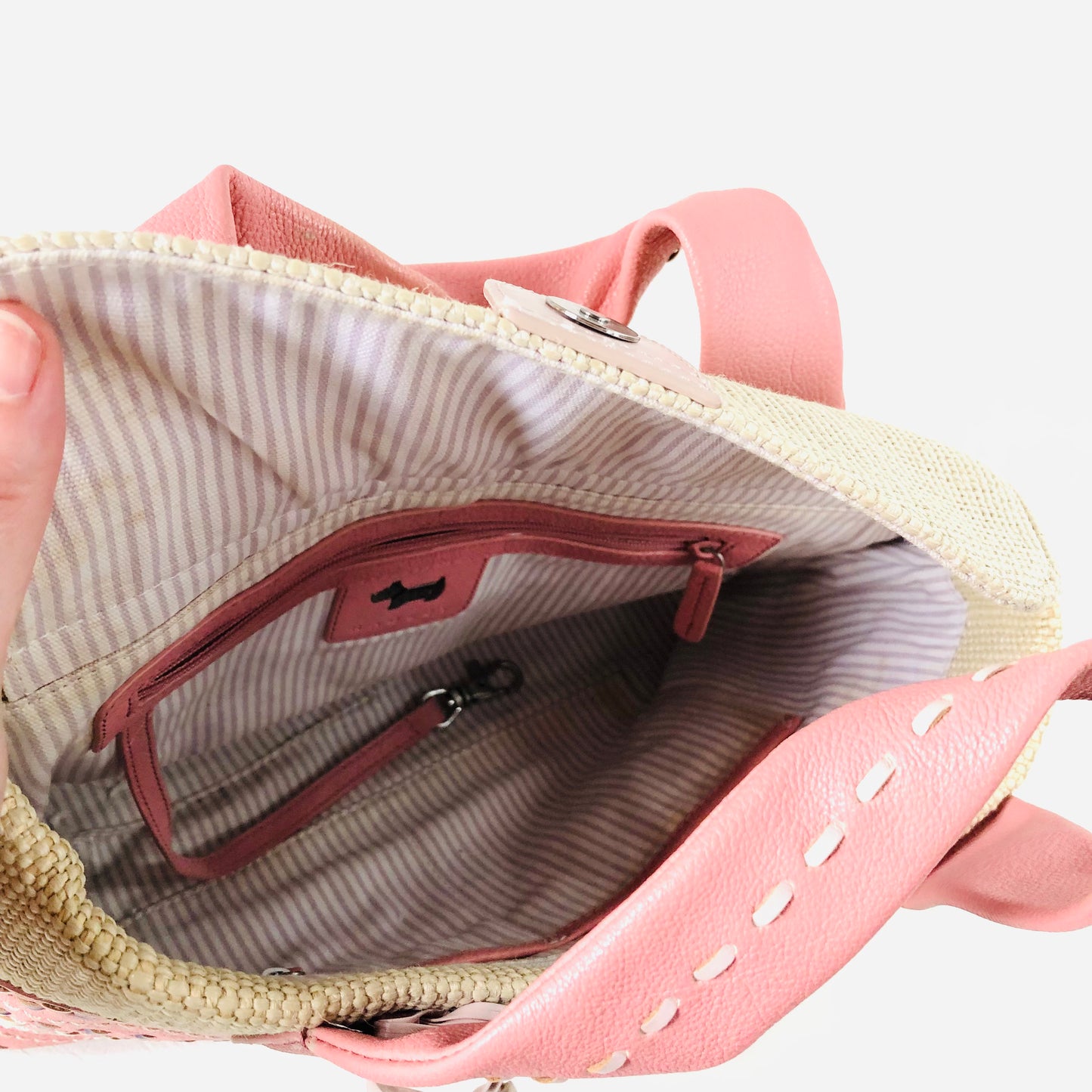 Radley Leather Woven Fabric Pink Embroidered Circle Pattern Handbag Dog Charm