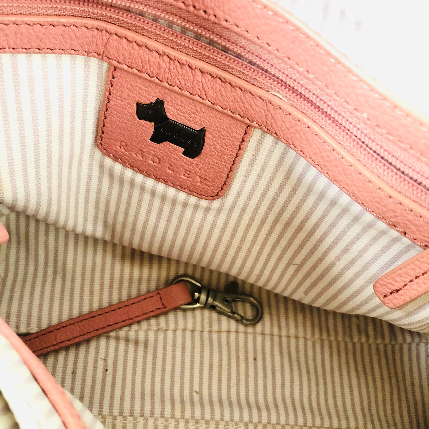 Radley Leather Woven Fabric Pink Embroidered Circle Pattern Handbag Dog Charm
