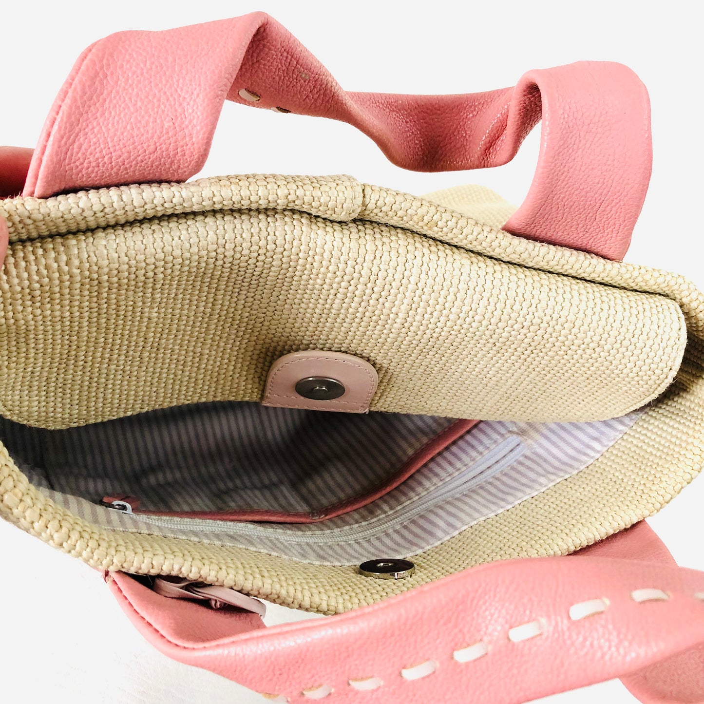 Radley Leather Woven Fabric Pink Embroidered Circle Pattern Handbag Dog Charm