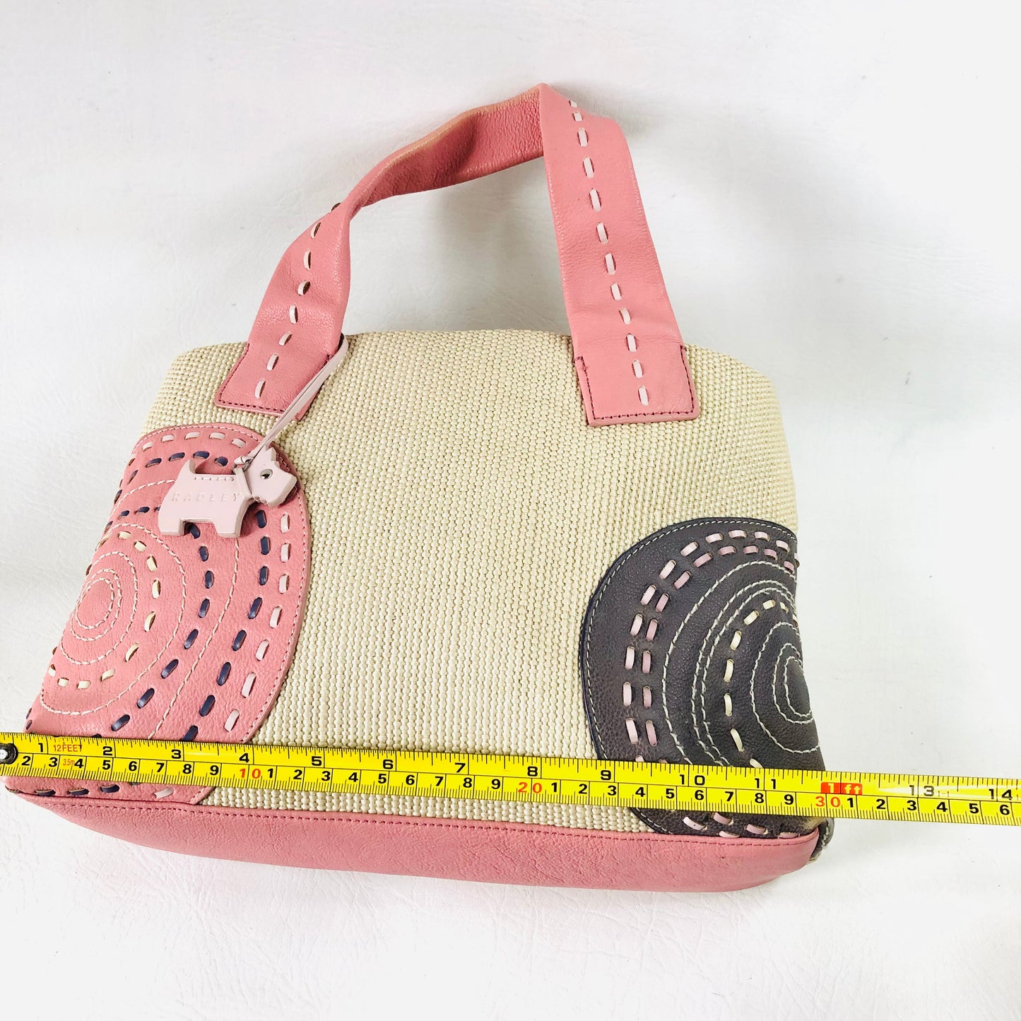 Radley Leather Woven Fabric Pink Embroidered Circle Pattern Handbag Dog Charm