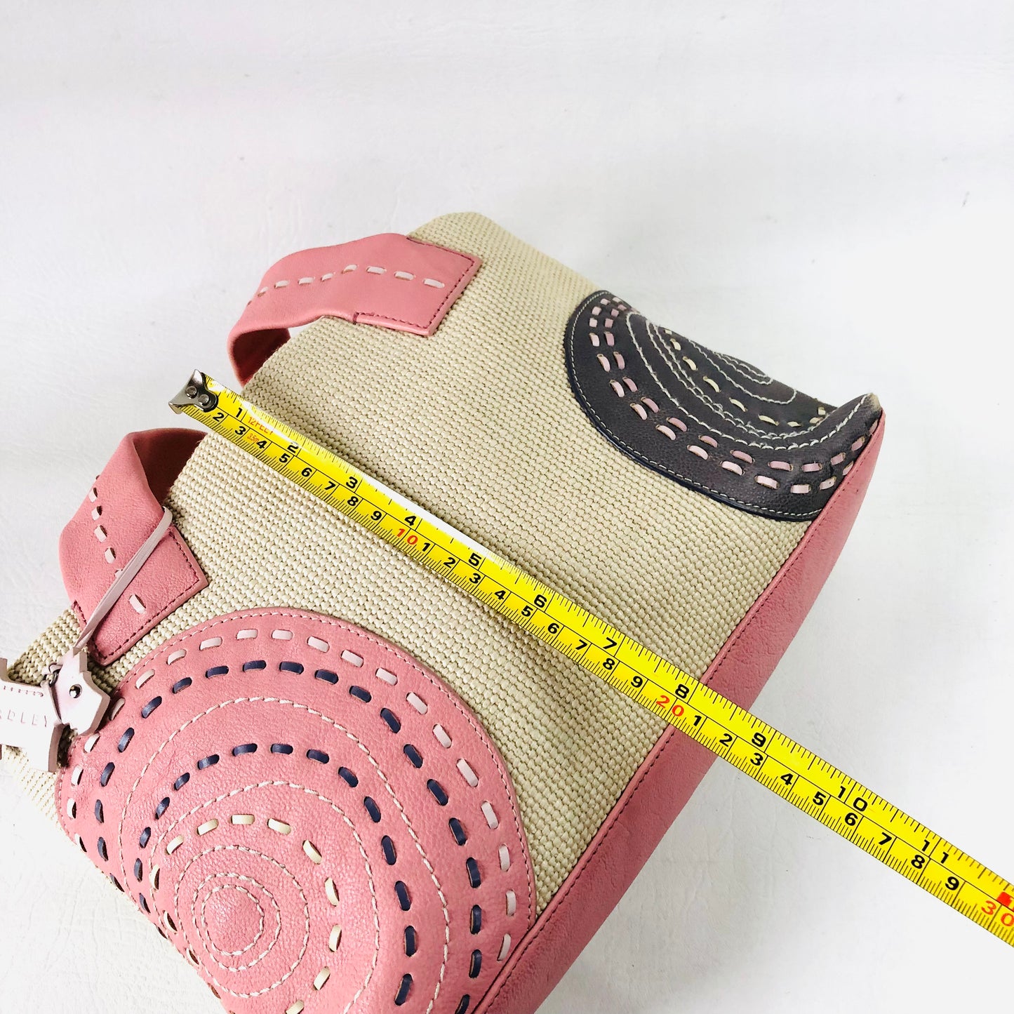 Radley Leather Woven Fabric Pink Embroidered Circle Pattern Handbag Dog Charm