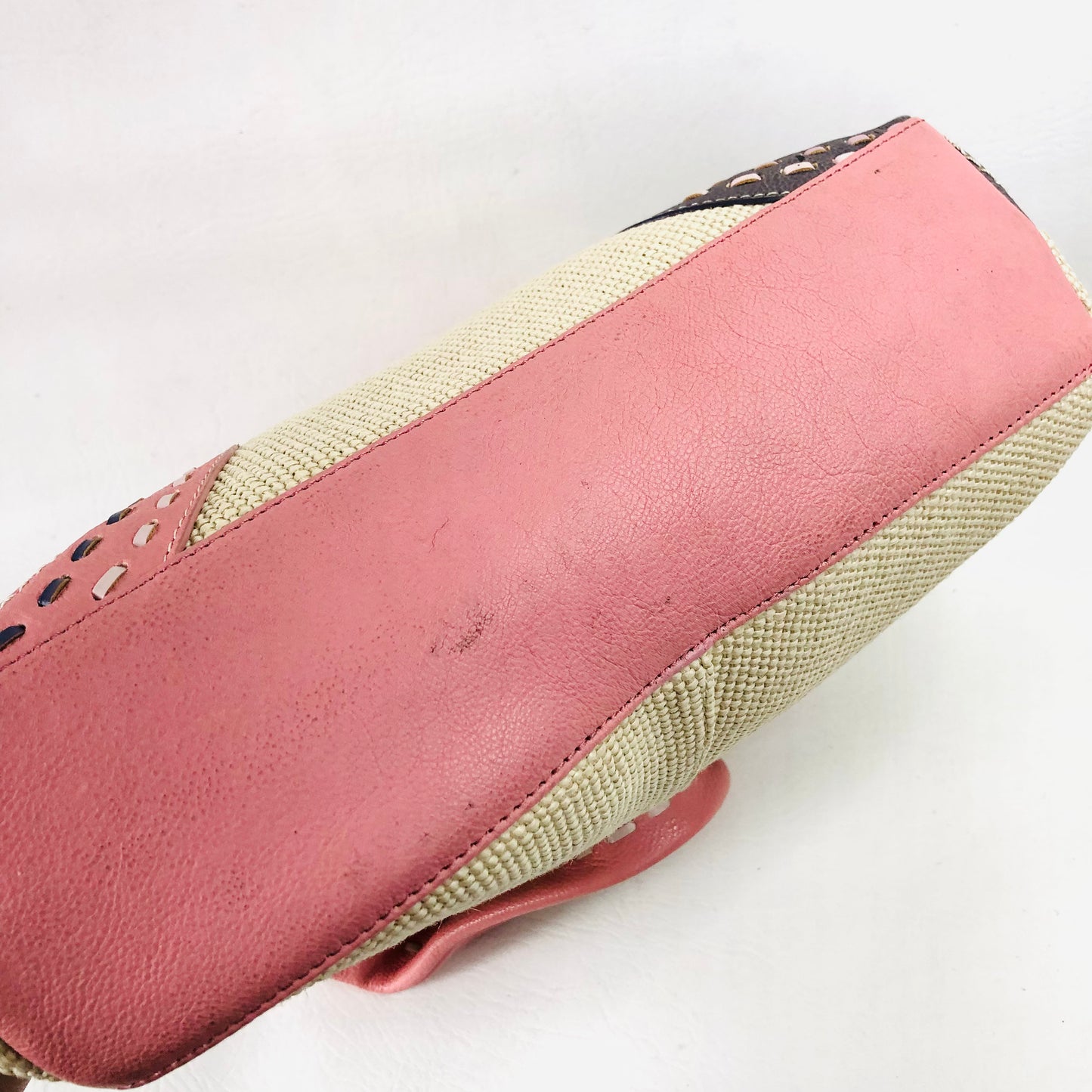 Radley Leather Woven Fabric Pink Embroidered Circle Pattern Handbag Dog Charm