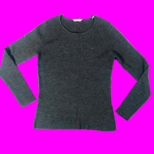 Marks & Spencer Ladies Grey Ribbed 100% Pure New Wool Long Sleeve Top Size 10 - Damaged
