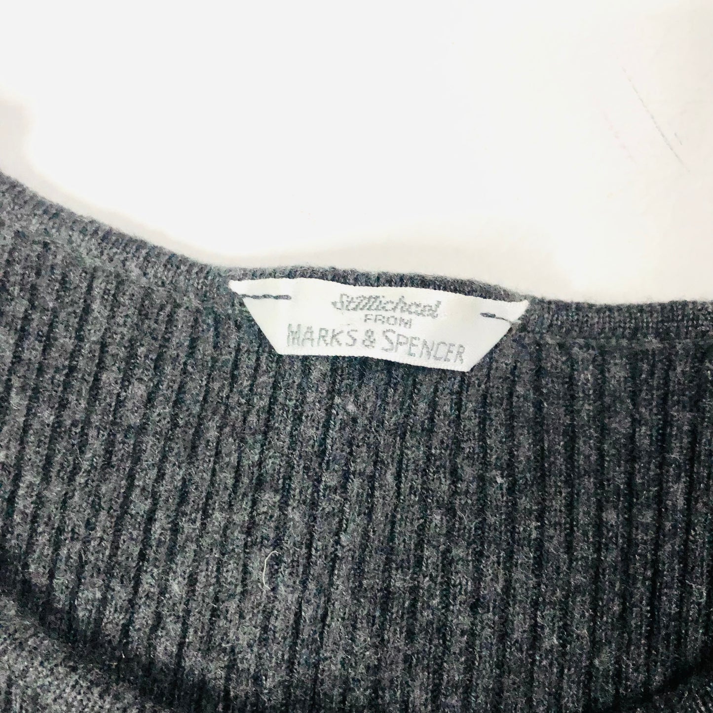 Marks & Spencer Ladies Grey Ribbed 100% Pure New Wool Long Sleeve Top Size 10 - Damaged
