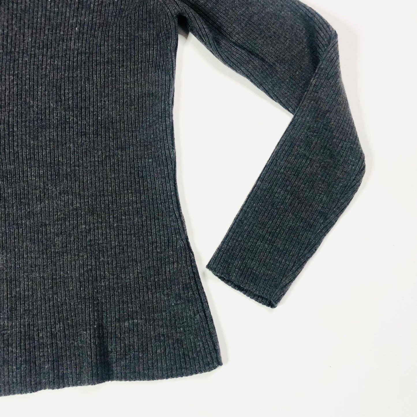 Marks & Spencer Ladies Grey Ribbed 100% Pure New Wool Long Sleeve Top Size 10 - Damaged