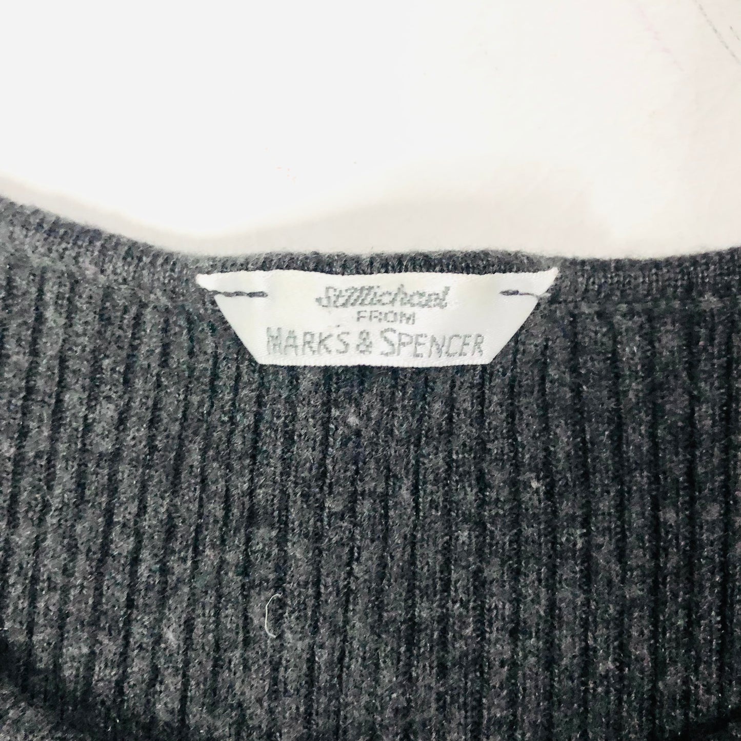 Marks & Spencer Ladies Grey Ribbed 100% Pure New Wool Long Sleeve Top Size 10 - Damaged