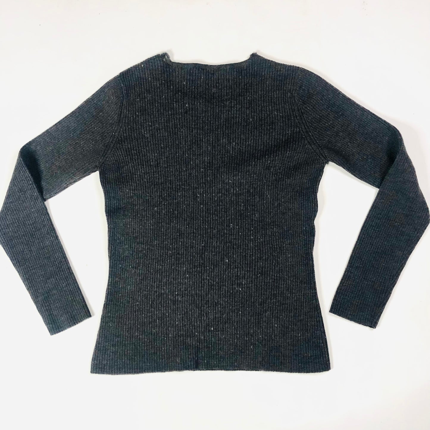Marks & Spencer Ladies Grey Ribbed 100% Pure New Wool Long Sleeve Top Size 10 - Damaged