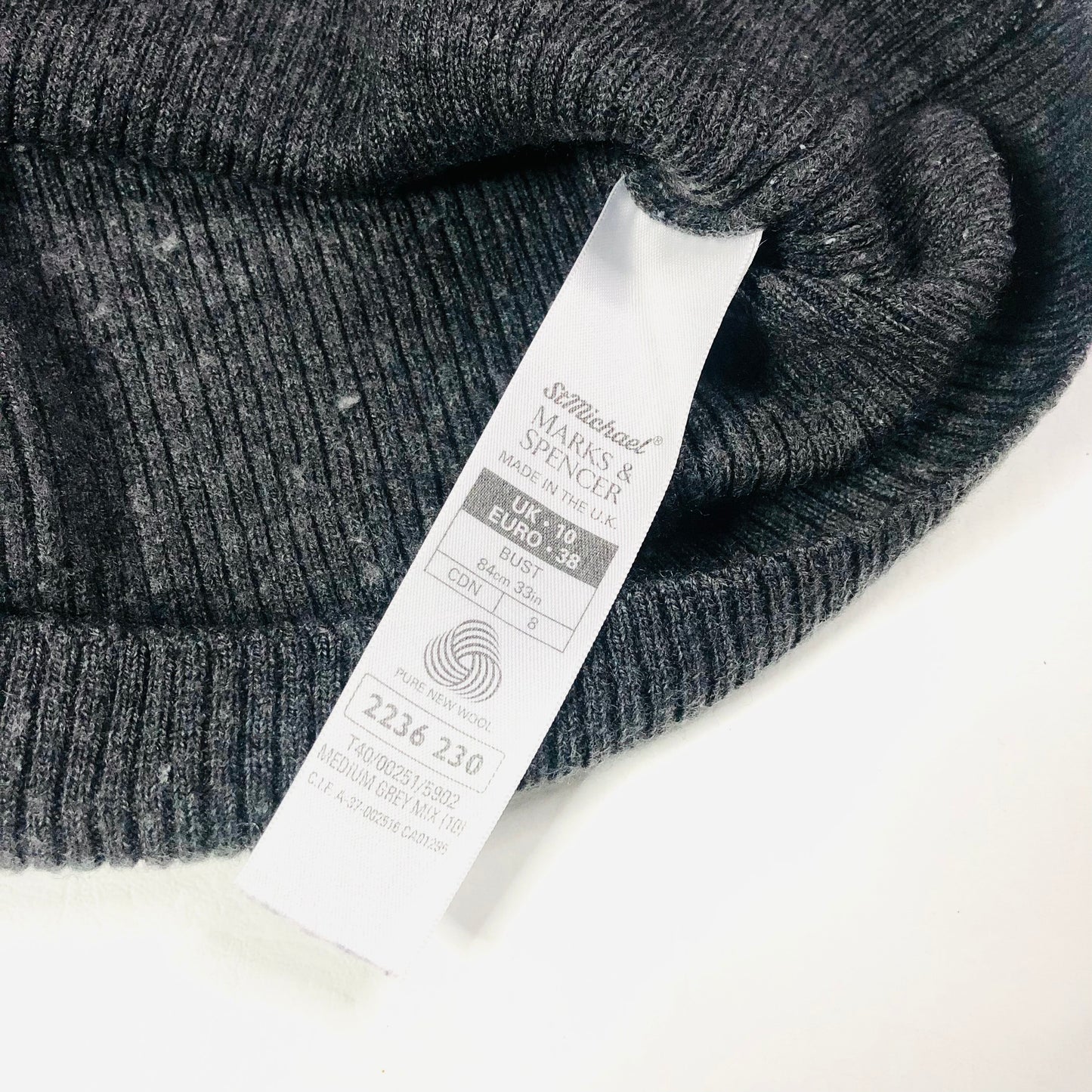 Marks & Spencer Ladies Grey Ribbed 100% Pure New Wool Long Sleeve Top Size 10 - Damaged