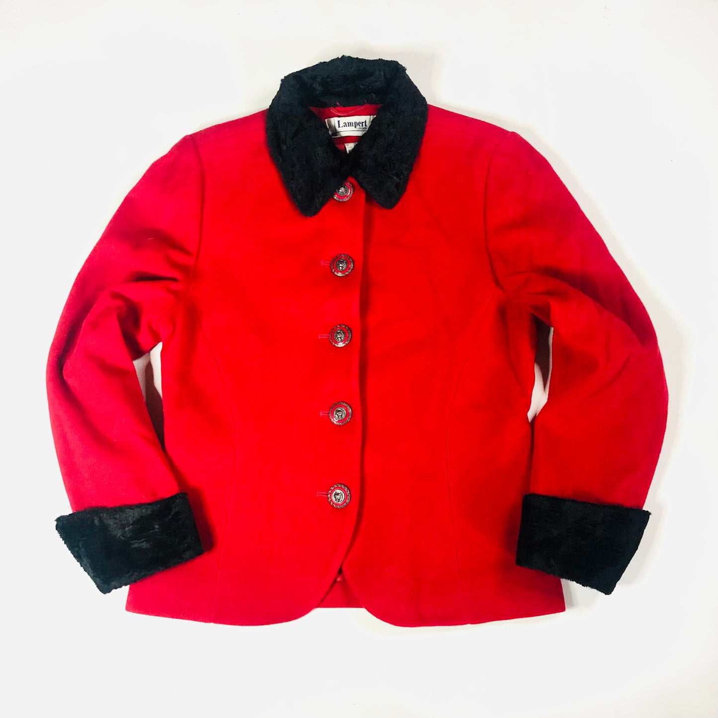 Lampert Vintage Red Wool & Cashmere W/black Faux Fur Collar Jacket Size 10/12