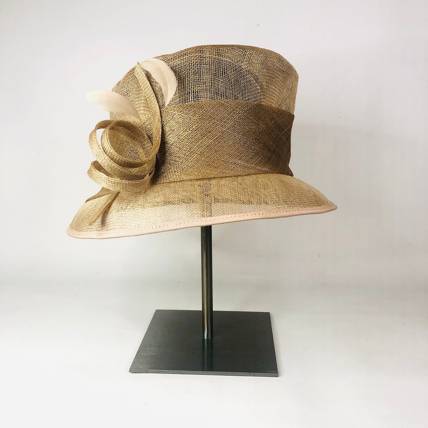 Debut Gold Taupe Short Brim Special Occasion Wedding Ascot Sinamay Mesh Hat