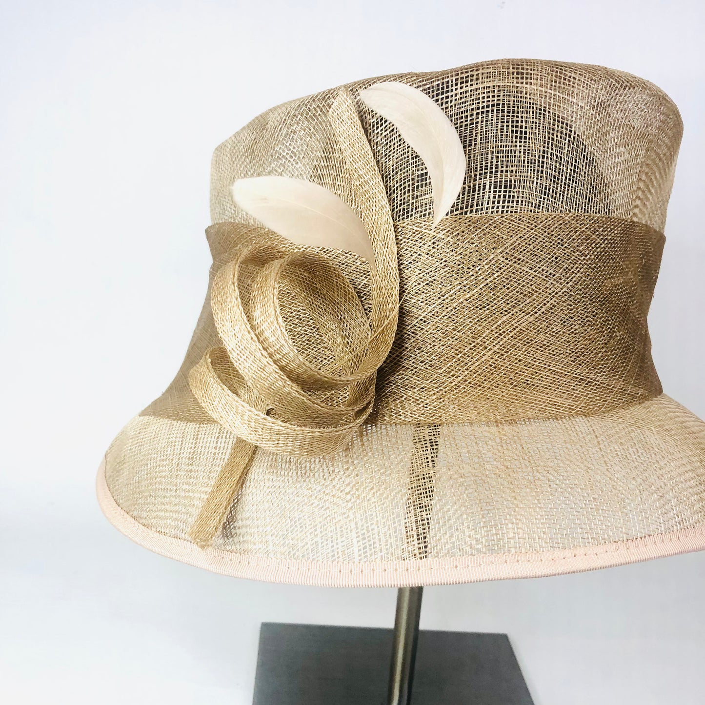 Debut Gold Taupe Short Brim Special Occasion Wedding Ascot Sinamay Mesh Hat