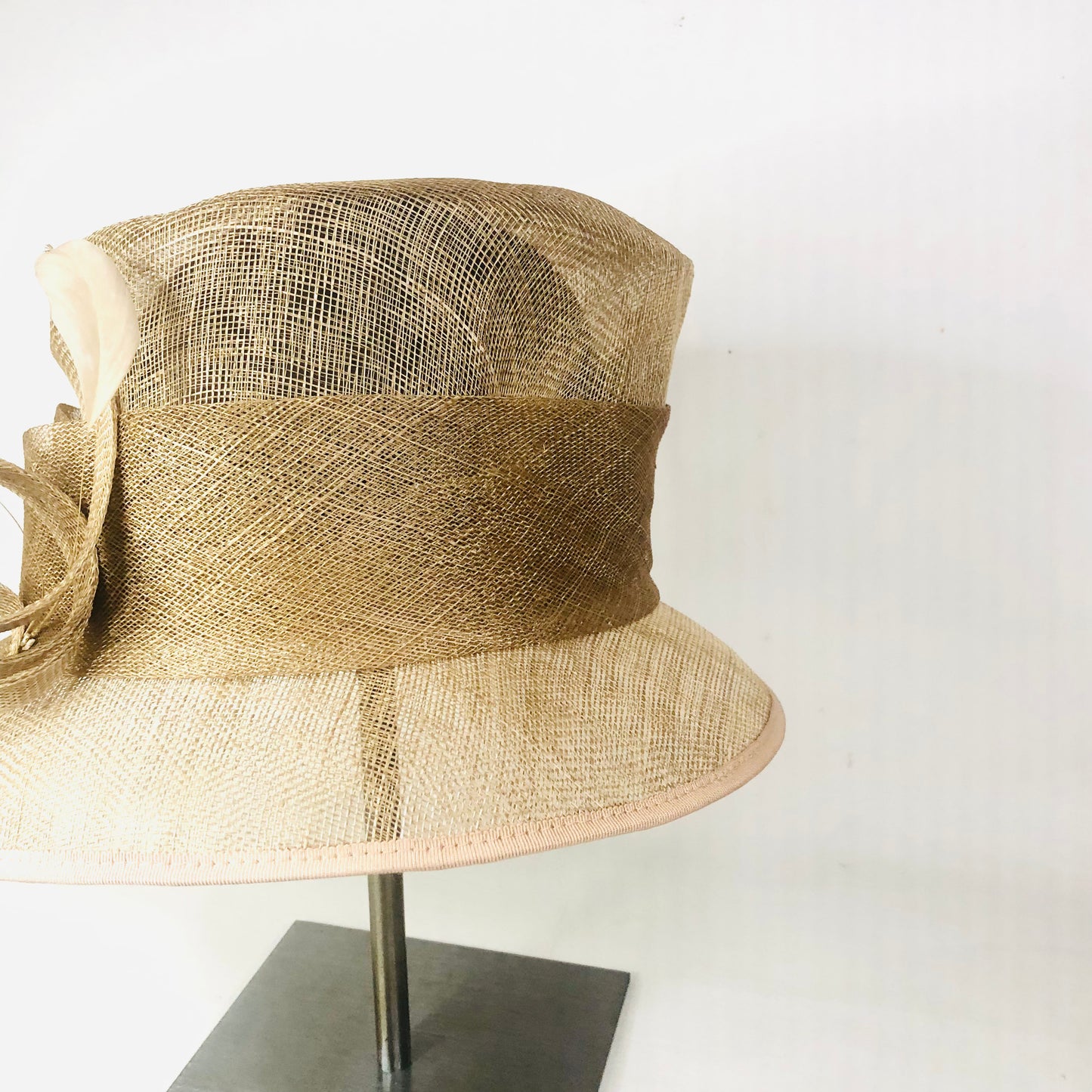 Debut Gold Taupe Short Brim Special Occasion Wedding Ascot Sinamay Mesh Hat
