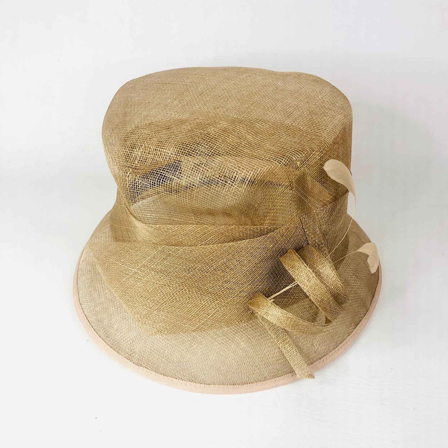 Debut Gold Taupe Short Brim Special Occasion Wedding Ascot Sinamay Mesh Hat